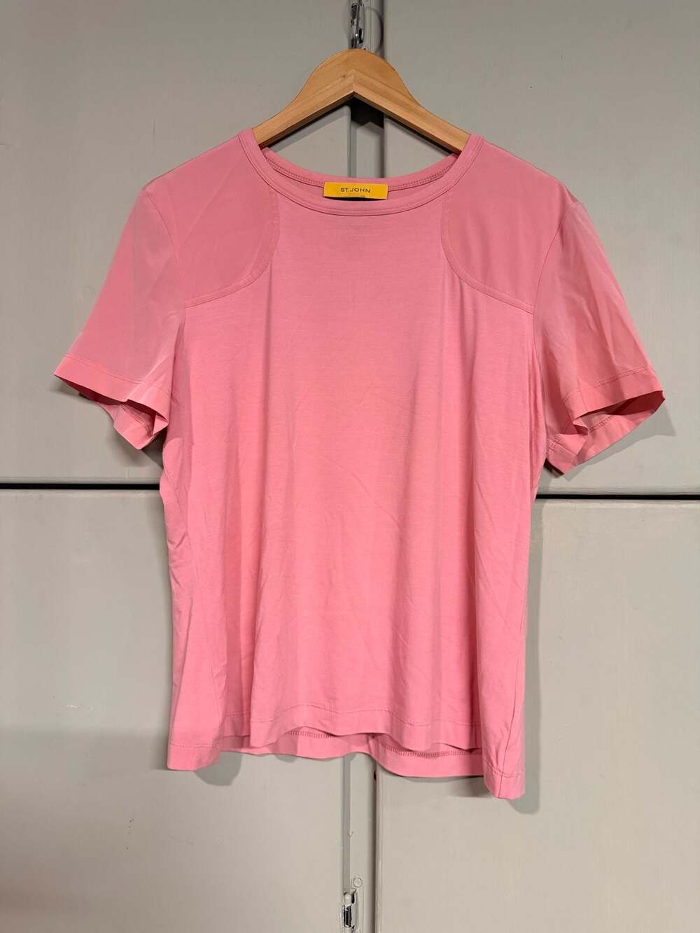 St. John Pink Short Sleeve Crewneck T-Shirt with Silk/Spandex Panel Detail